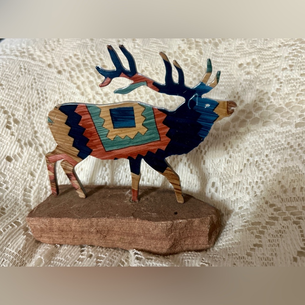 Laser Cut Elk Caribou on Sandstone Base Colorful Wilderness Animal Collectible